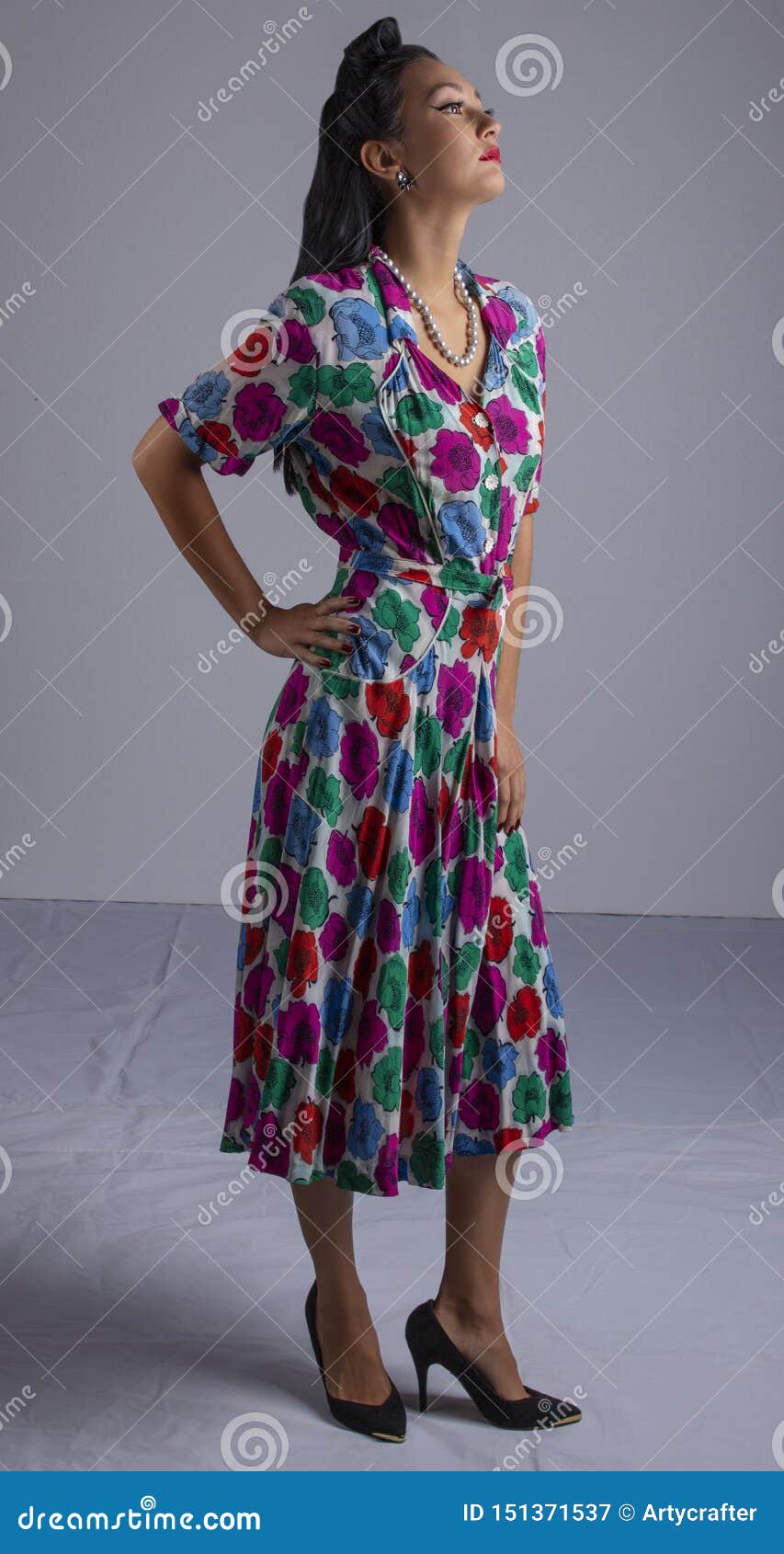 1950`s Woman in Colourful Dress Stock Image - Image of glamorous,  embroidered: 151371537