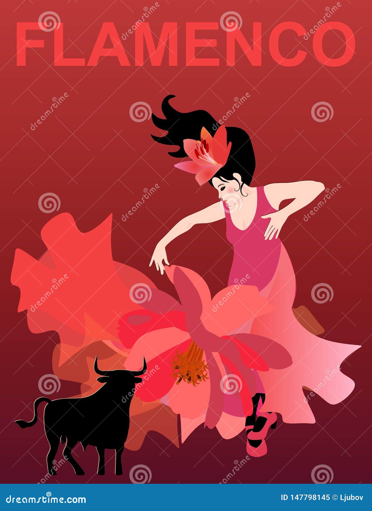 dark-haired spanish woman dressed in a red dress dancing flamenco on a red background. black bull as unofficial  of spain.