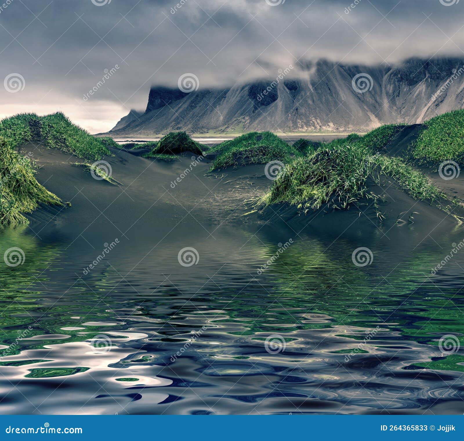 dark hills of vestrahorn peak reflected in calm waters of atlantoc ocean.