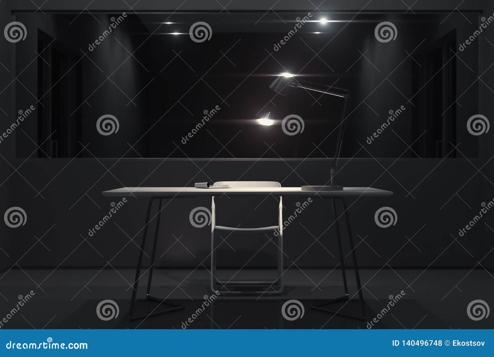 Dark Interrogation Room With Switched On Lamp And Big Mirror