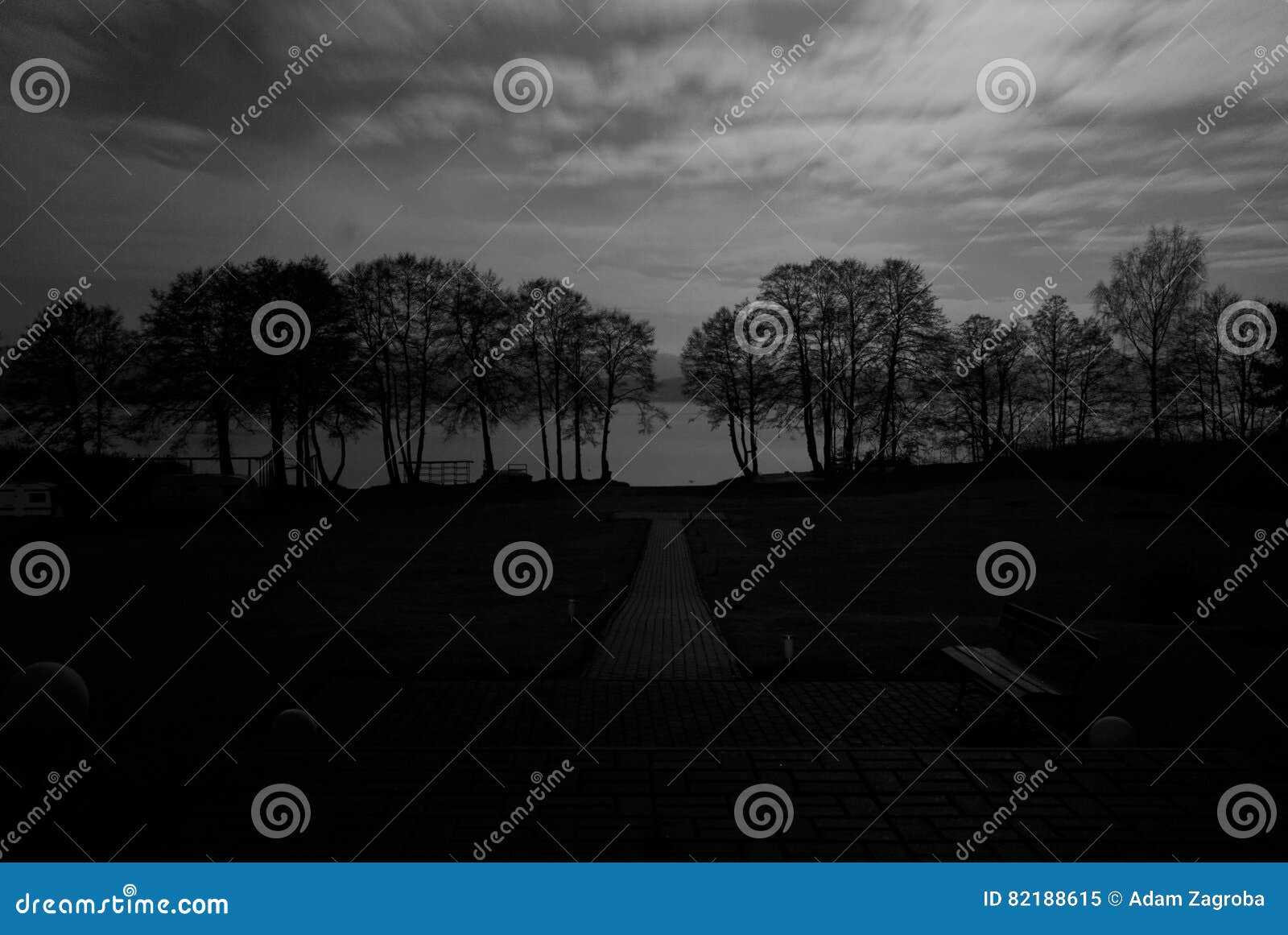 Dark Lake Stock Image Image Of Moon Bench Clouds Trees 82188615