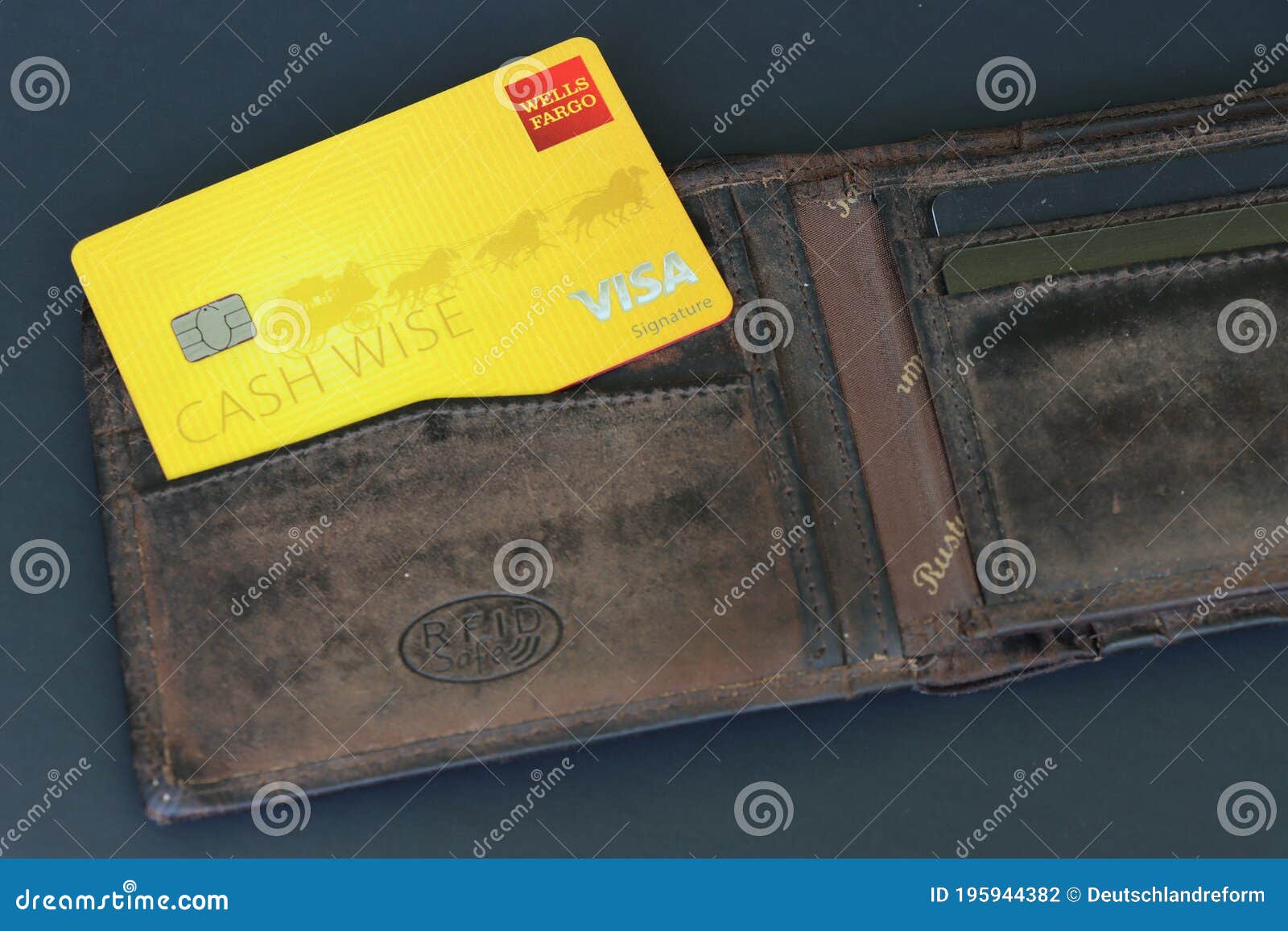 Dark Leather Wallet with Yellow Cash Wise Visa Credit Card Issued