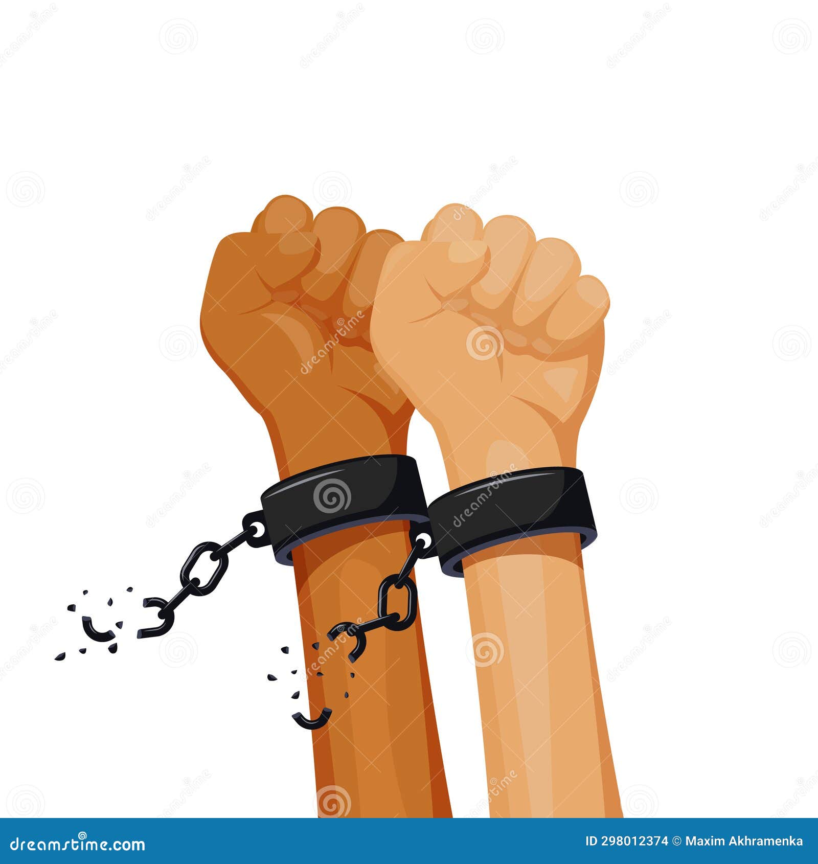 Dark and Light Hands in Shackles Breaking Iron Chains Stock