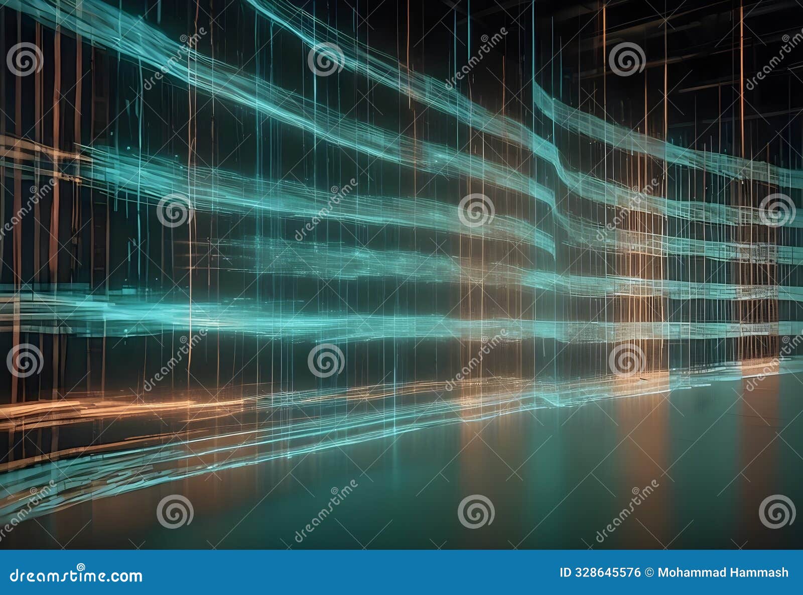 a dark, minimalist room with glowing, teal and orange lines that resemble data streams or energy flow, creating a
