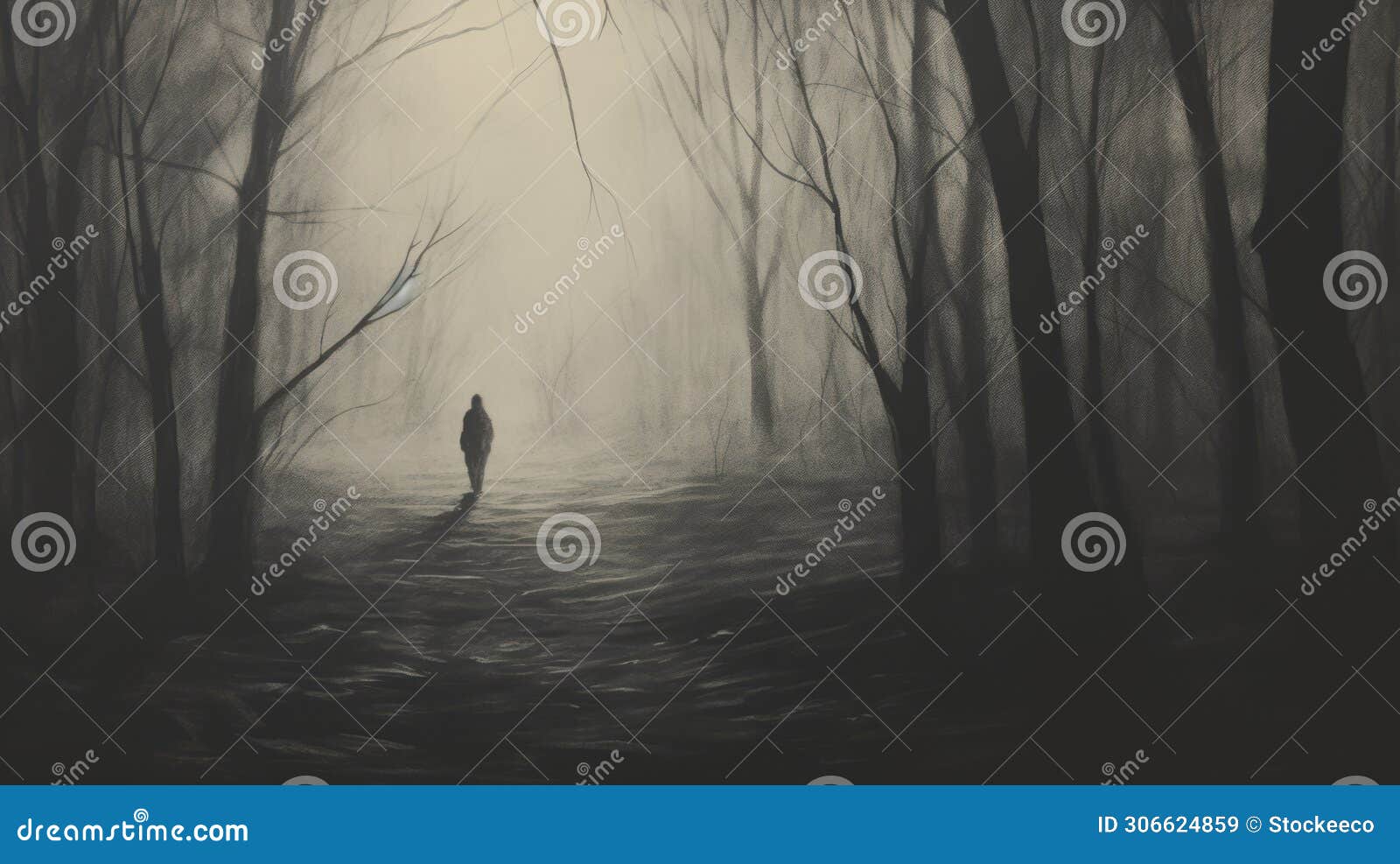 dark and moody gothic drawing of a man wandering through a wooded path