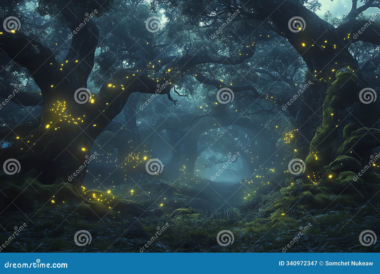 a dark, mystical forest at twilight with glowing fireflies dancing around ancient, mosscovered trees