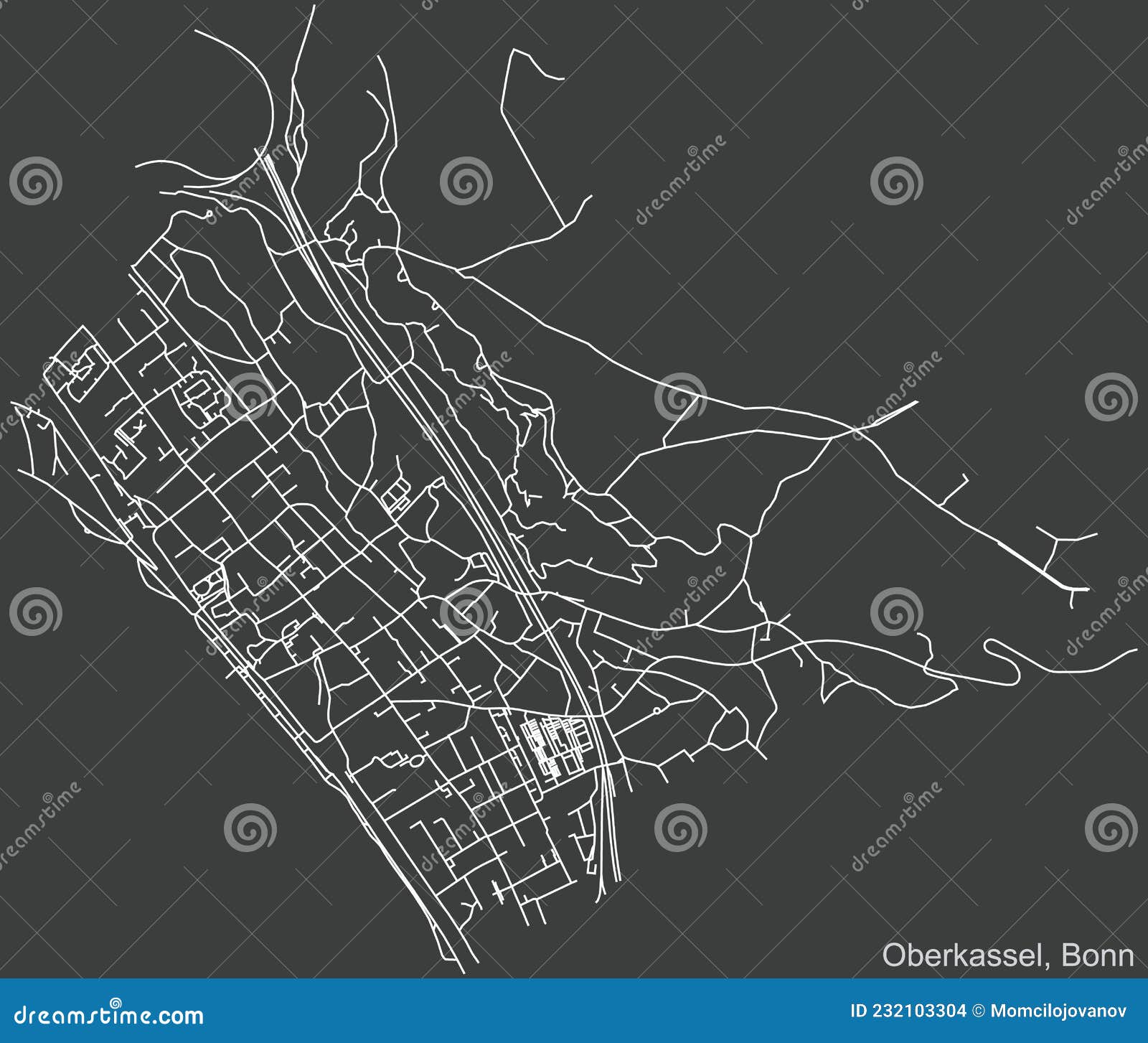 Dark Negative Street Roads Map of the Oberkassel Sub-district of Bonn ...