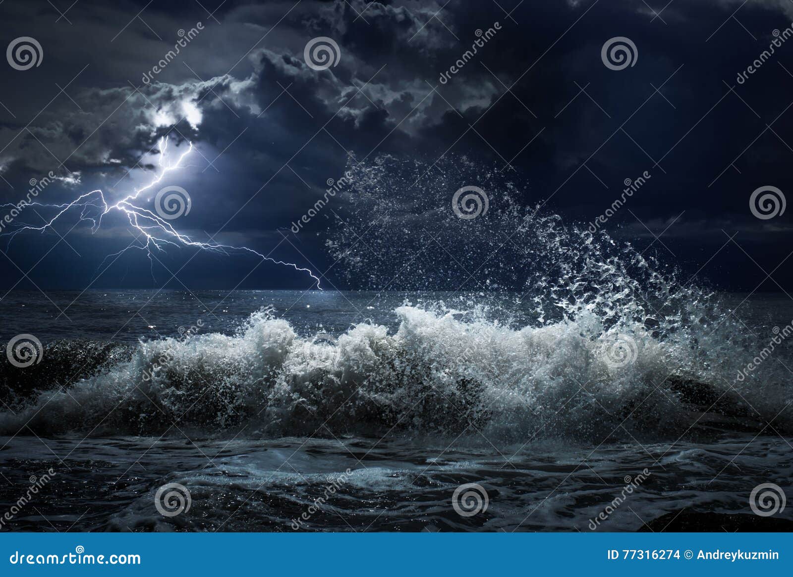 dark ocean storm with lgihting and waves at night