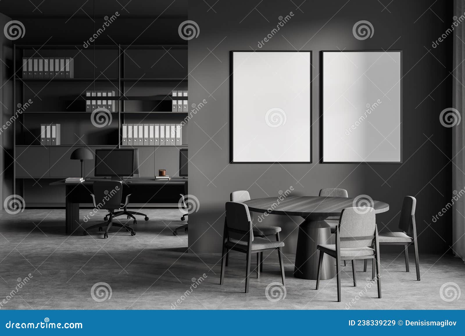 Dark Office Room Interior with Two Empty White Posters Stock ...