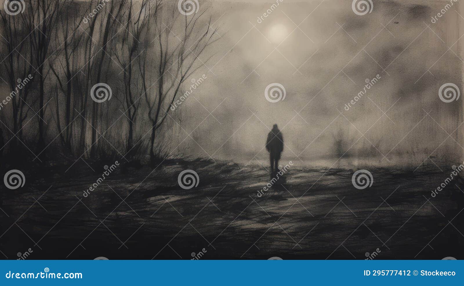 Moody Tonalist Drawing: Lone Figure Wandering in Misty Night Stock ...