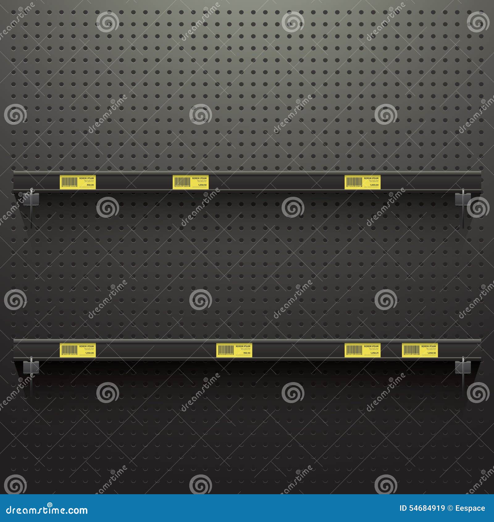 dark pegboard background with shelves and price tags