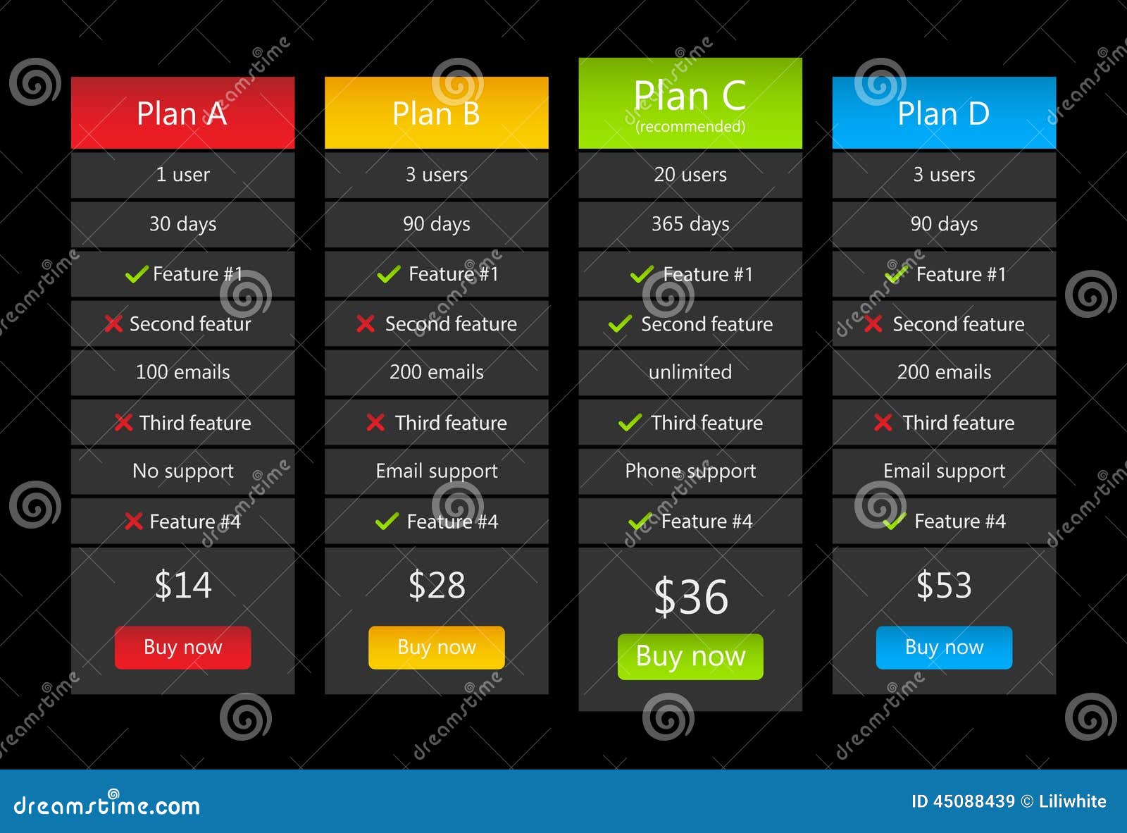 Dark Pricing List with One Plan Stock Illustration