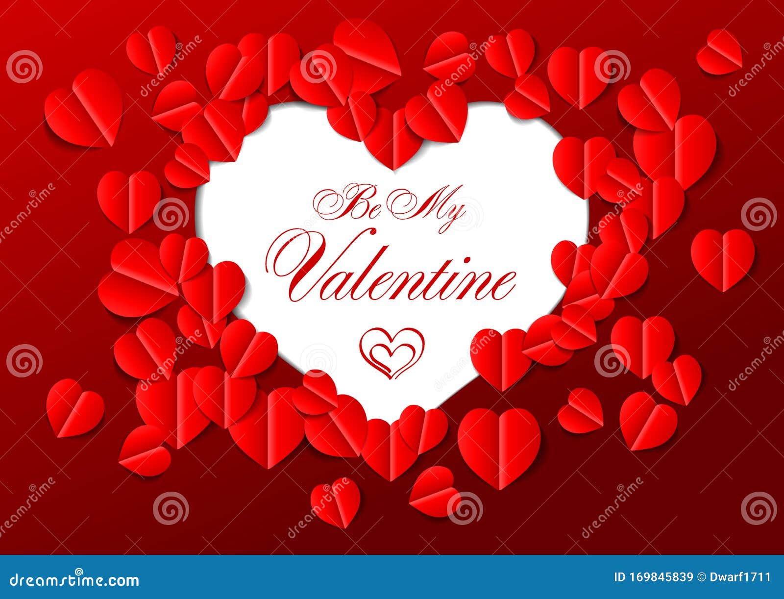 Dark red Be My Valentine card vector template with 3D red paper cutout hearts. Cute card, banner, flyer, poster, voucher or greeting card. 