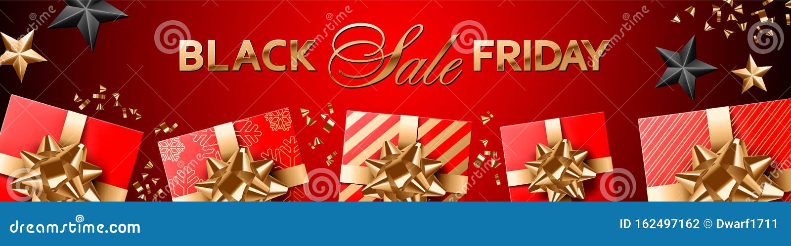 Dark and red Black Friday Sale composition for banner ofr website header template. Red covered gifts with golden bows and ribbons, confetti, black and gold stars.
