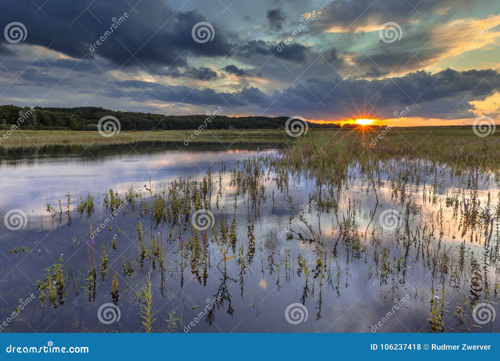 dark river foreland landscape image with setting sun