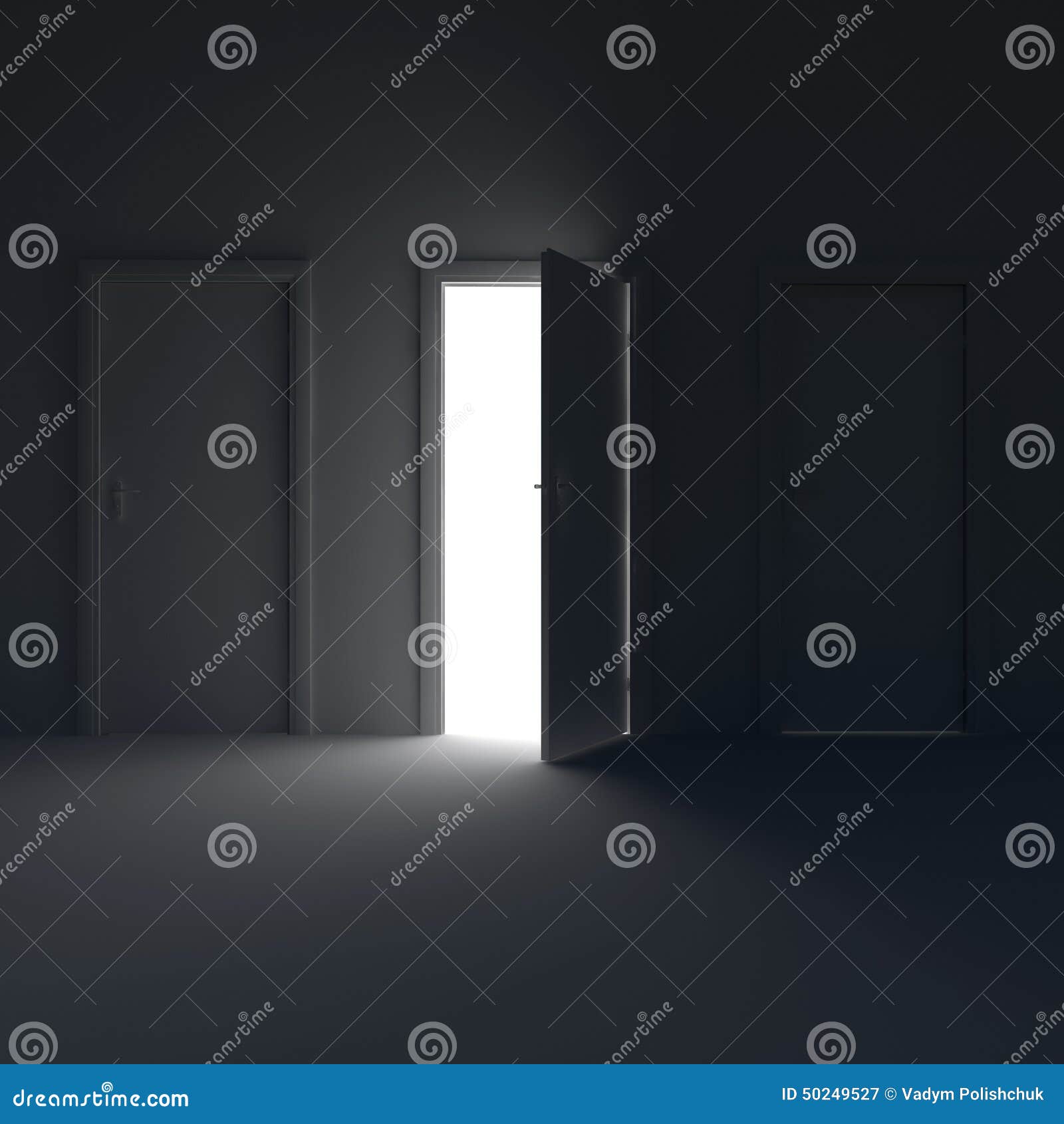 Dark Room with the Door Open and the Light Behind Her. 3d Illustration