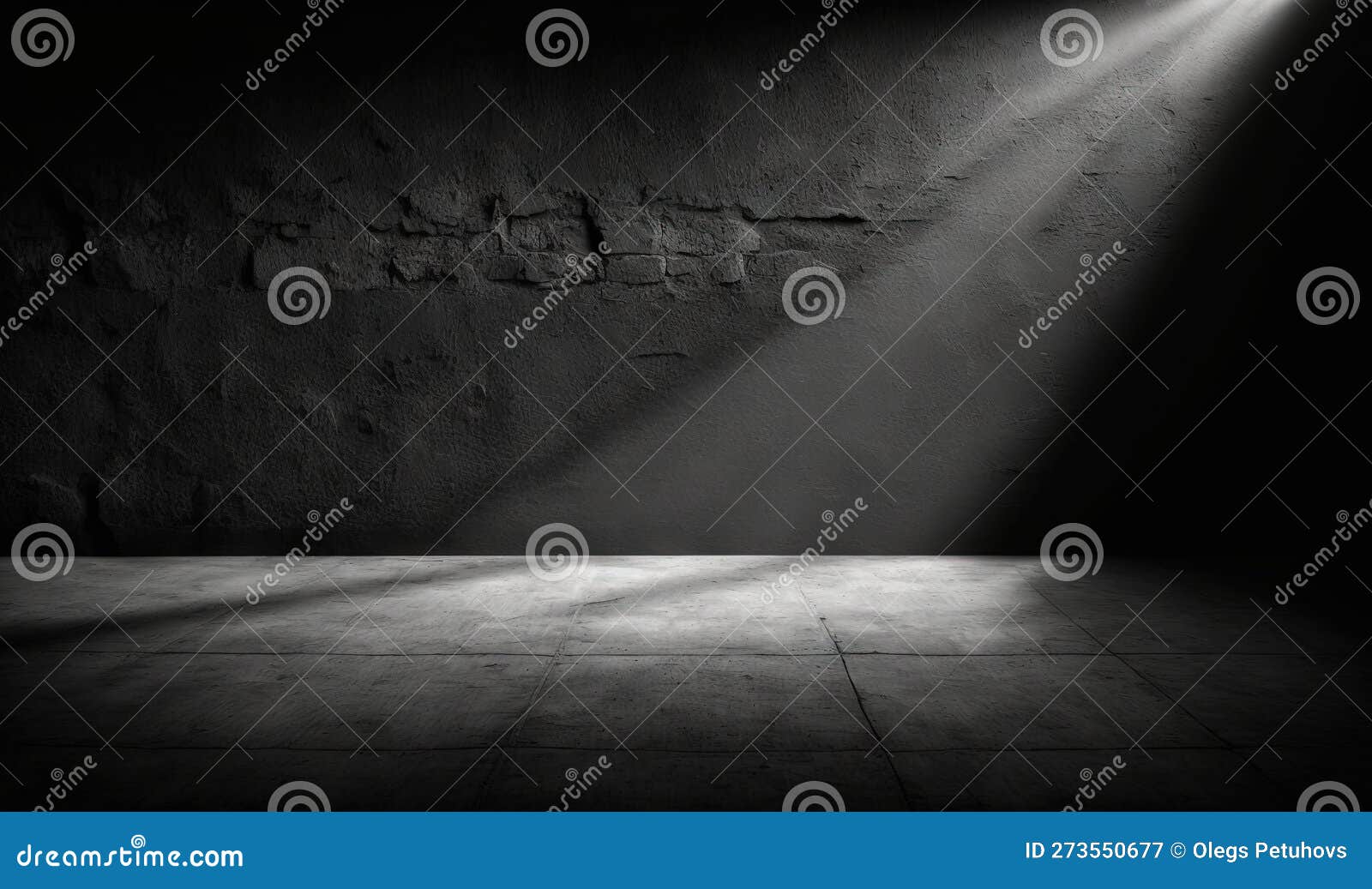 A Dark Room with a Light Coming from the Ceiling and a Brick Wall with
