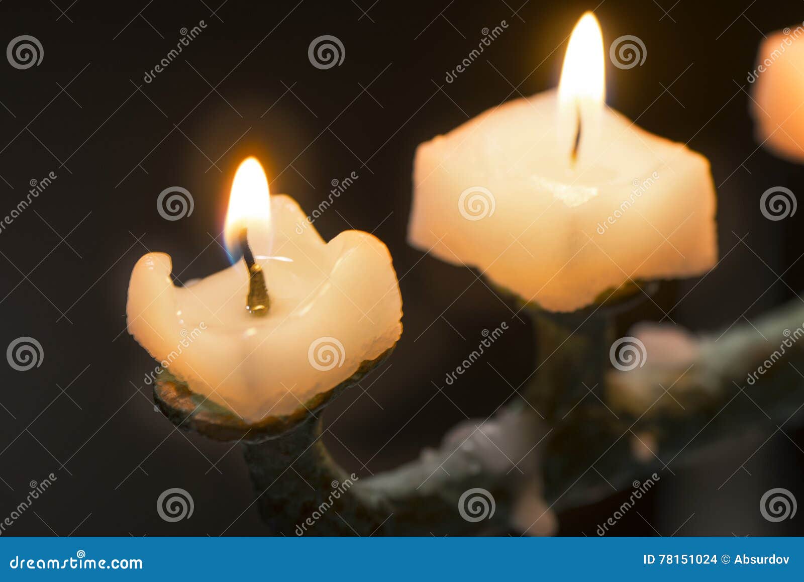 In Dark Room Lit Candles on Candlesticks Stock Photo Image of