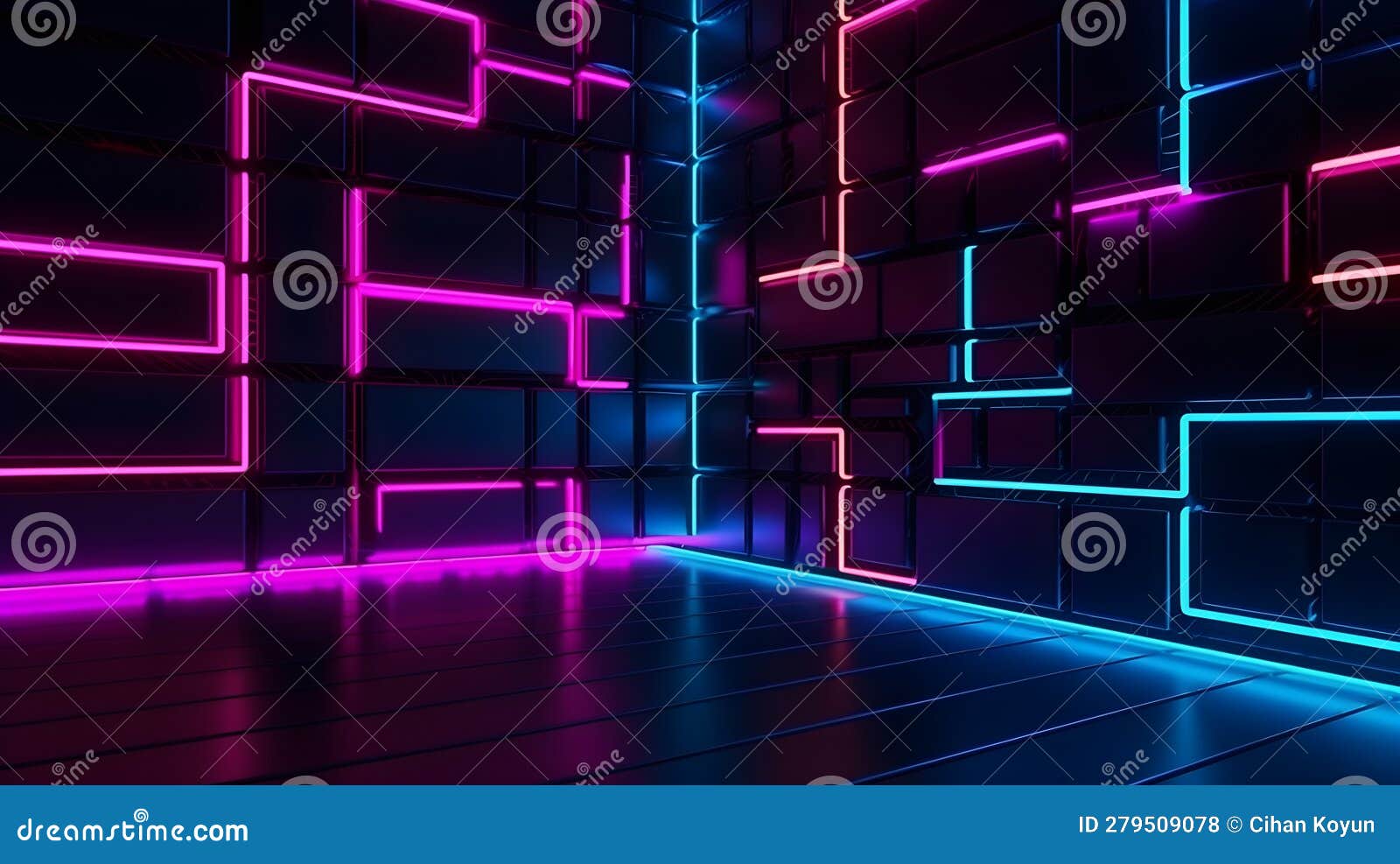 A Dark Room with Neon Lights and a Black Floor, Neon Lines on a Black