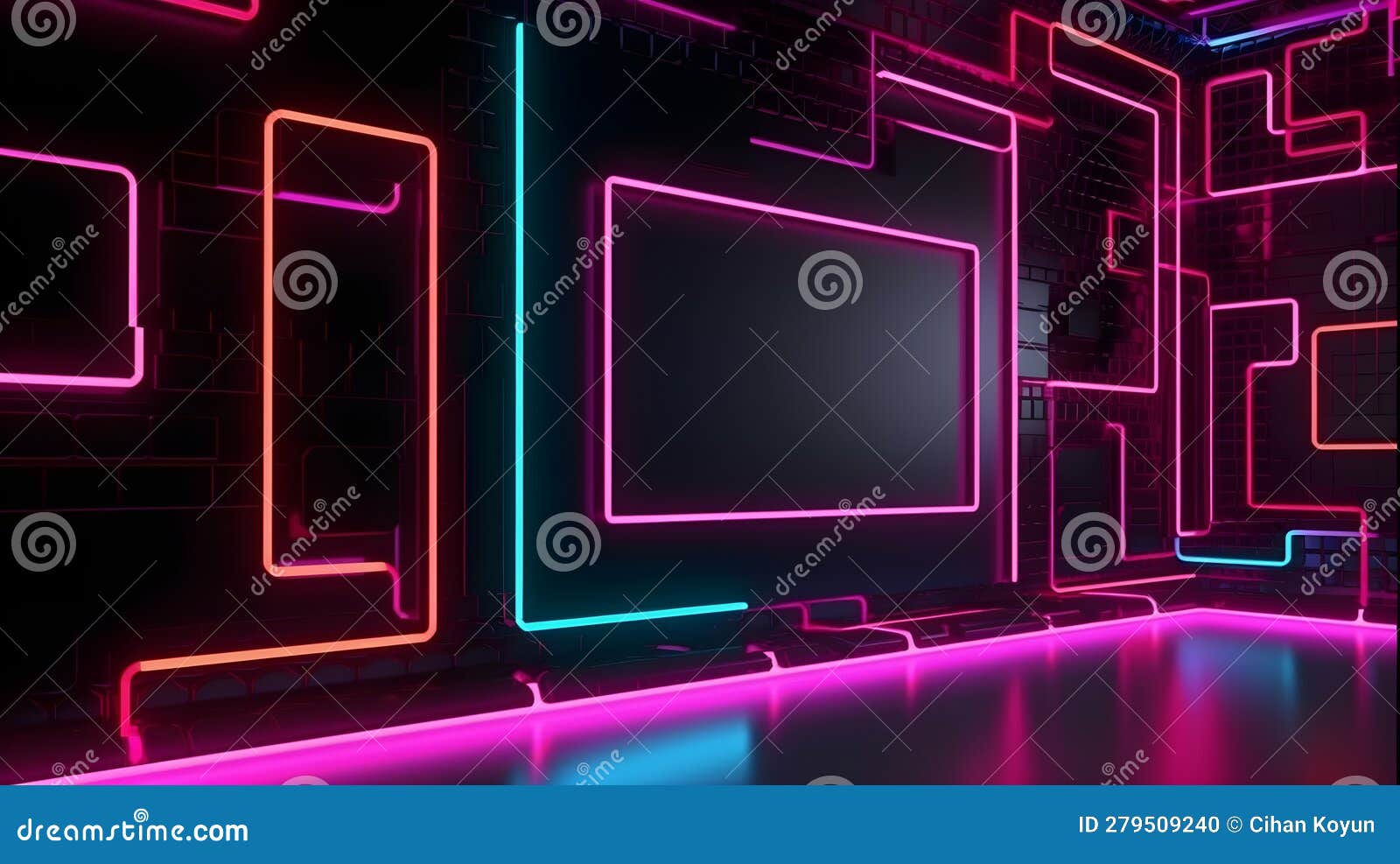 A Dark Room with Neon Lights and a Black Floor, Neon Lines on a Black