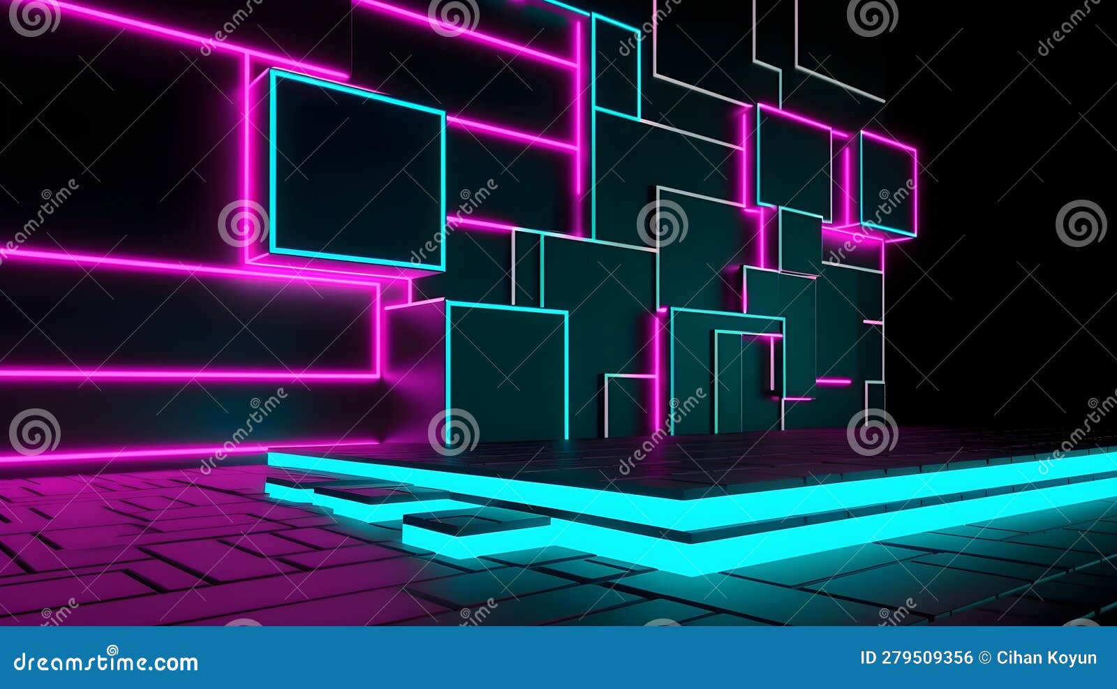 A Dark Room with Neon Lights and a Black Floor, Neon Lines on a Black