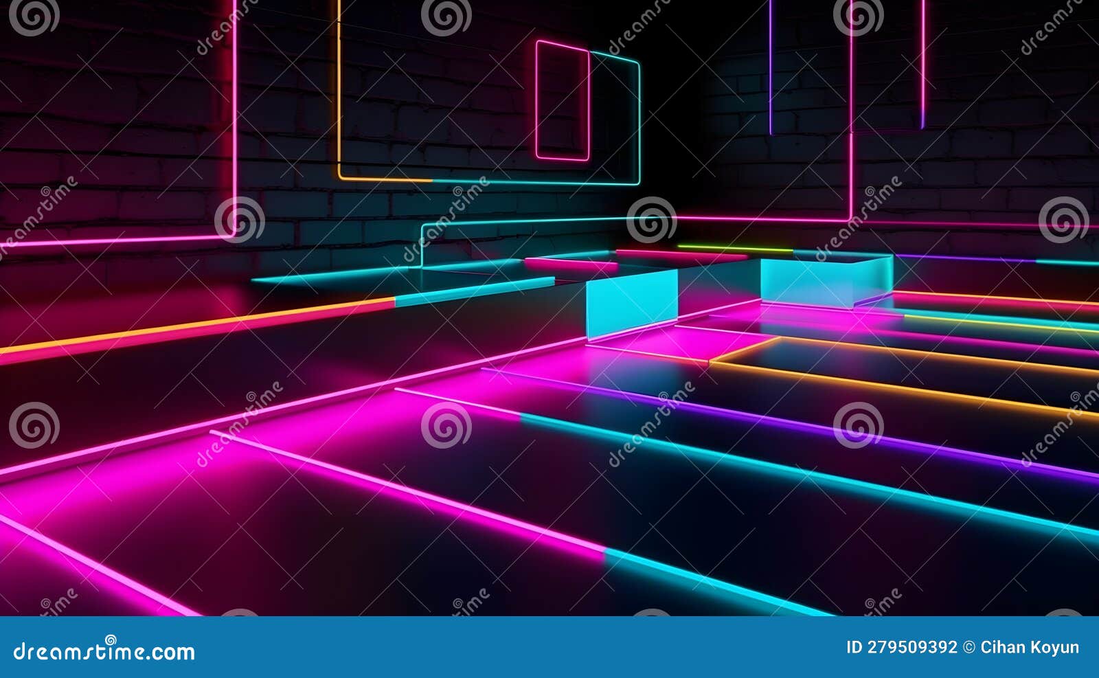 A Dark Room with Neon Lights and a Black Floor, Neon Lines on a Black