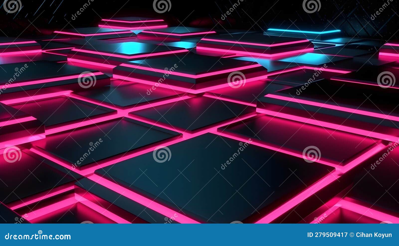 A Dark Room with Neon Lights and a Black Floor, Neon Lines on a Black