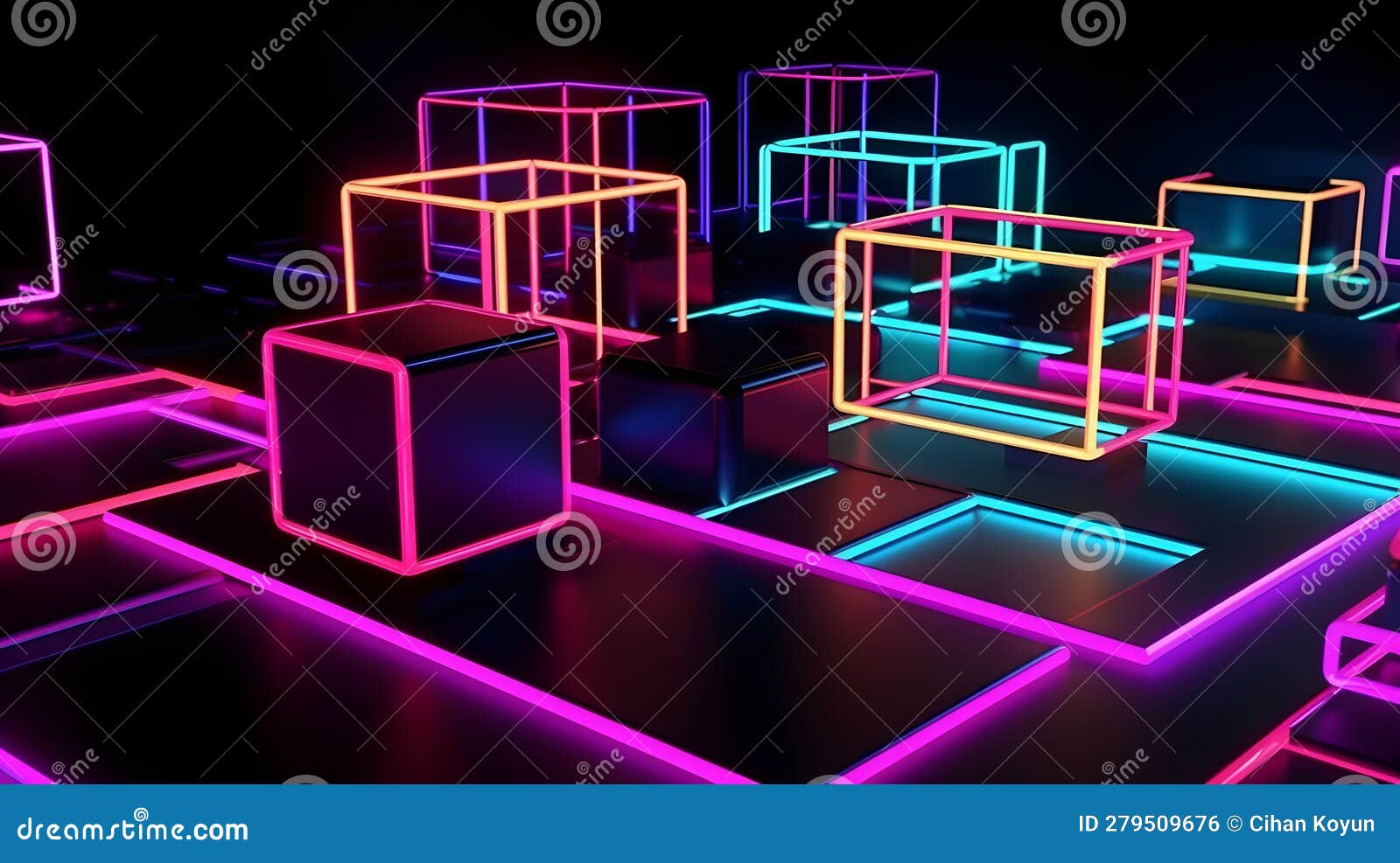 A Dark Room with Neon Lights and a Black Floor, Neon Lines on a Black