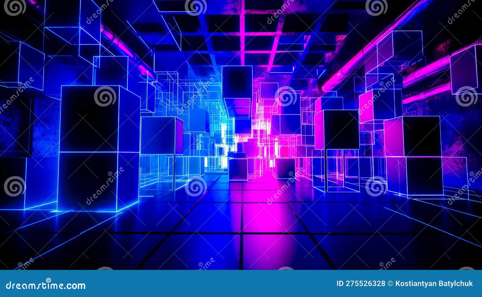 Dark Room with Neon Lights and Squares on the Floor and Black Floor