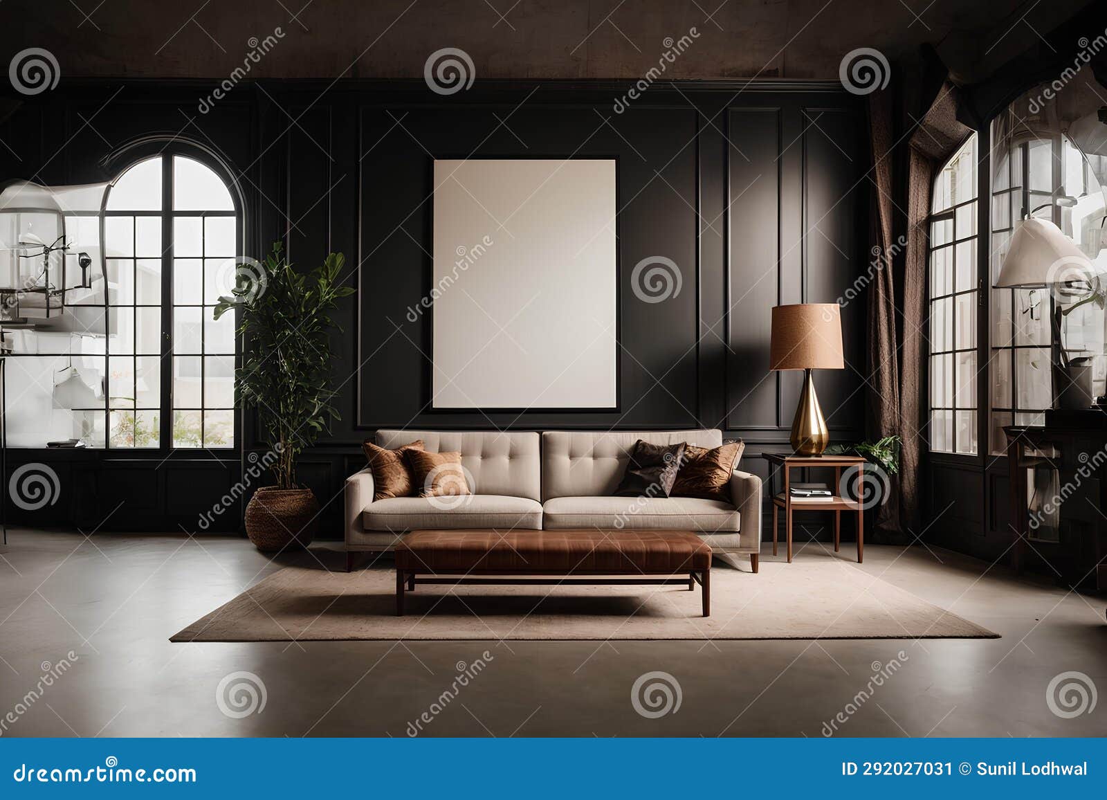 Dark room wall art mockup stock illustration. Illustration of wall