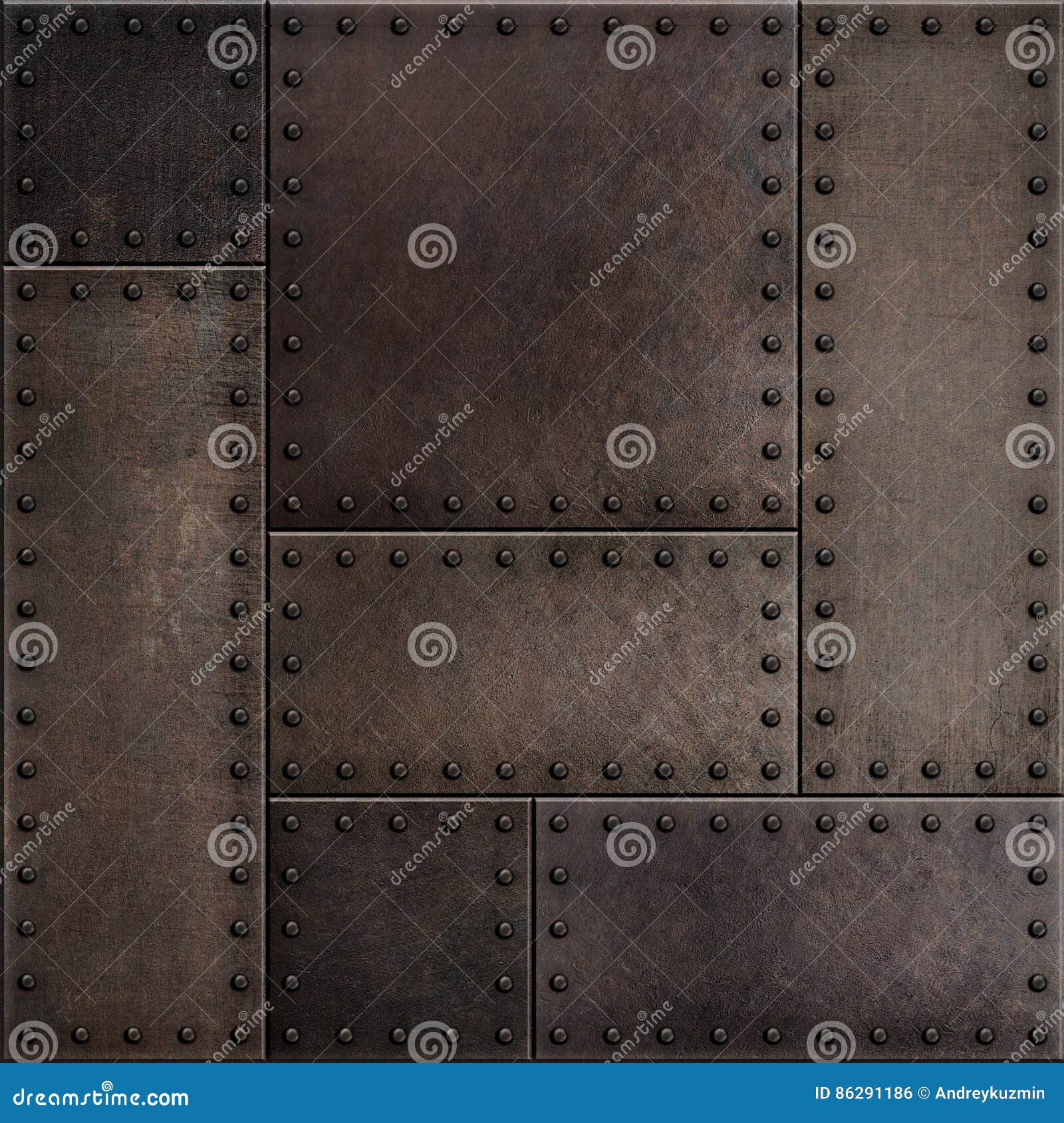 dark rusty metal plates with rivets seamless background or texture