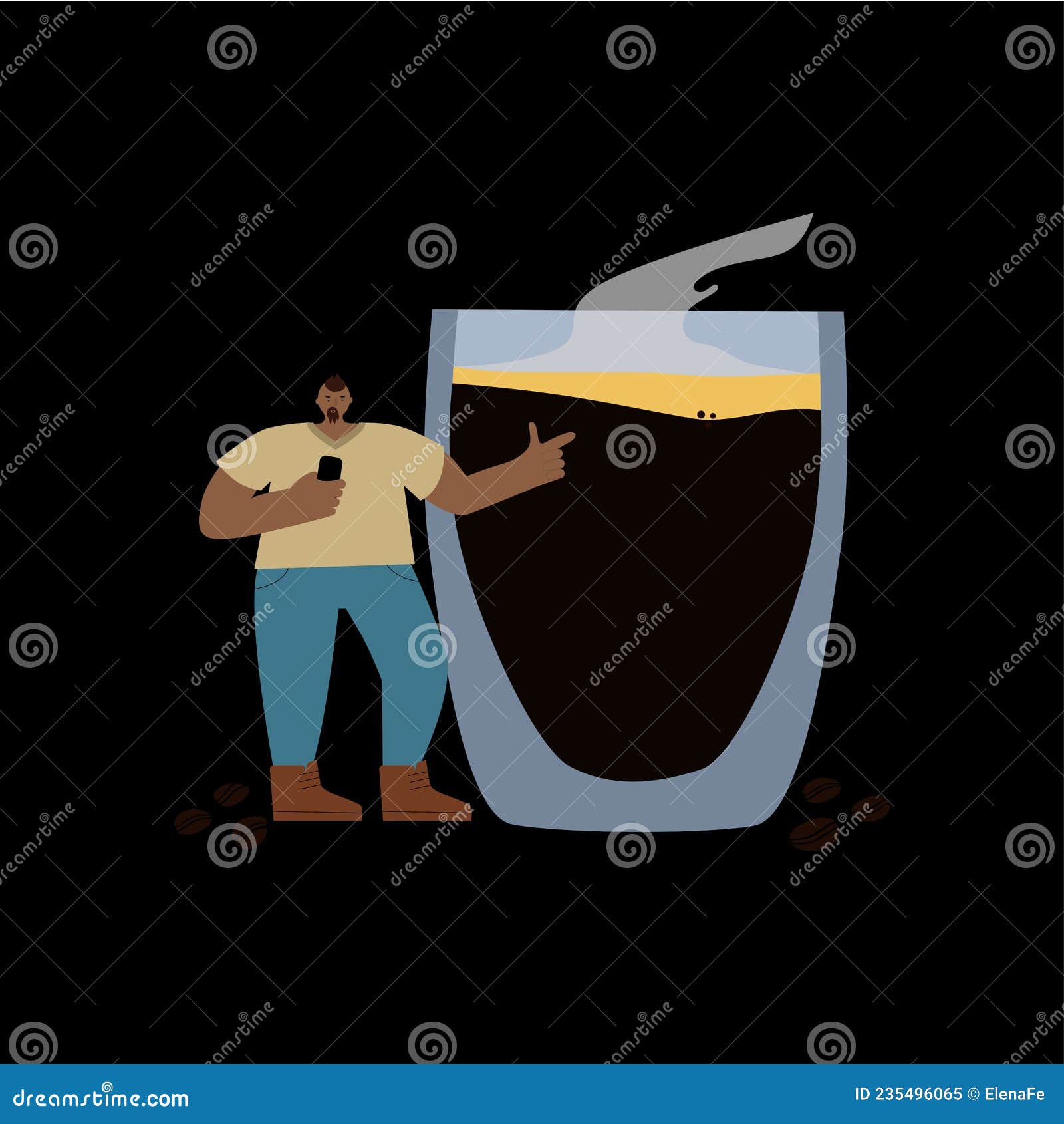 dark-skinned guy points his finger at a large glass mug with coffee. hand drawn  of a man character on a