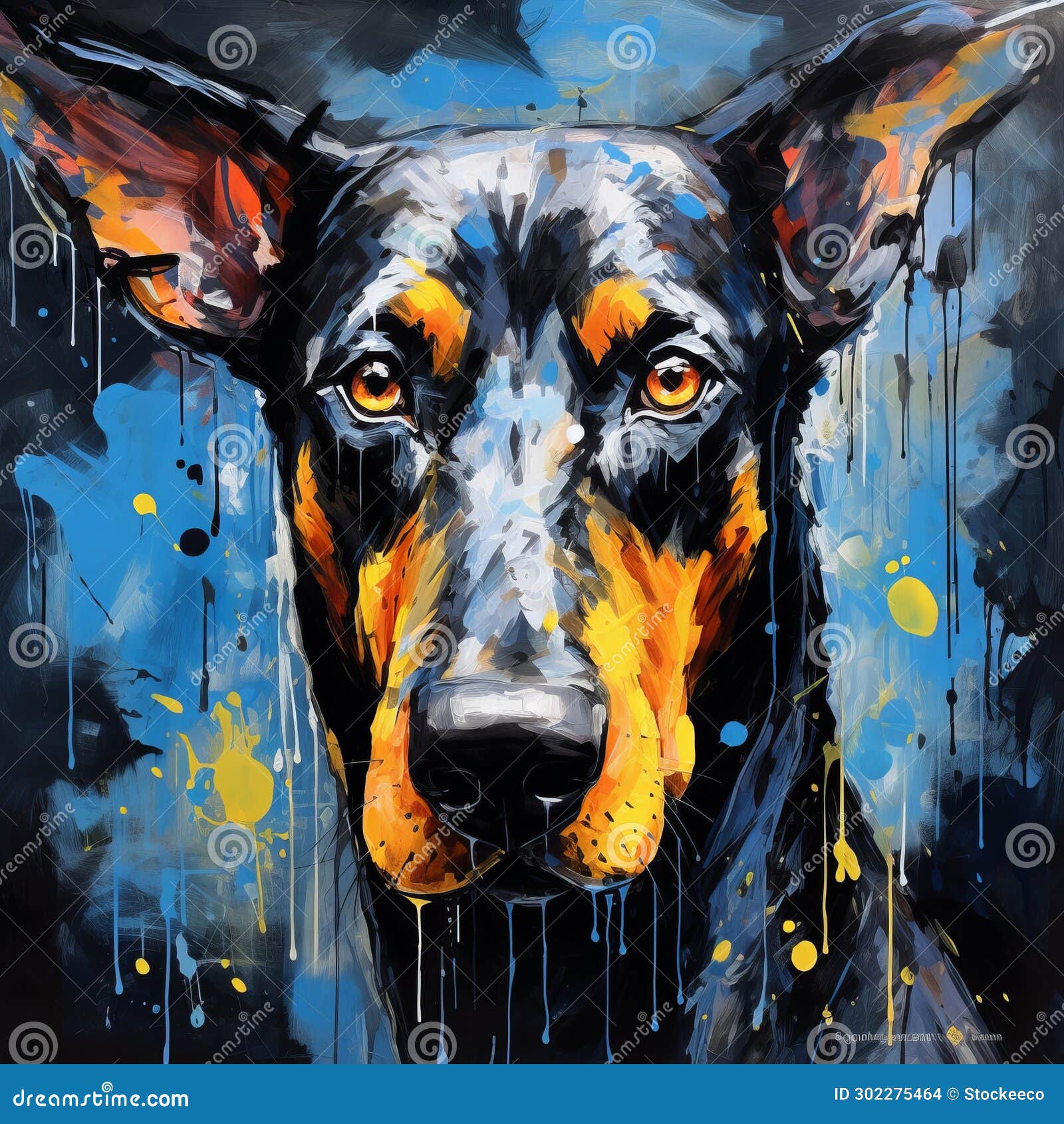 dark sky-blue and yellow doberman terrier painting by thomas saliot