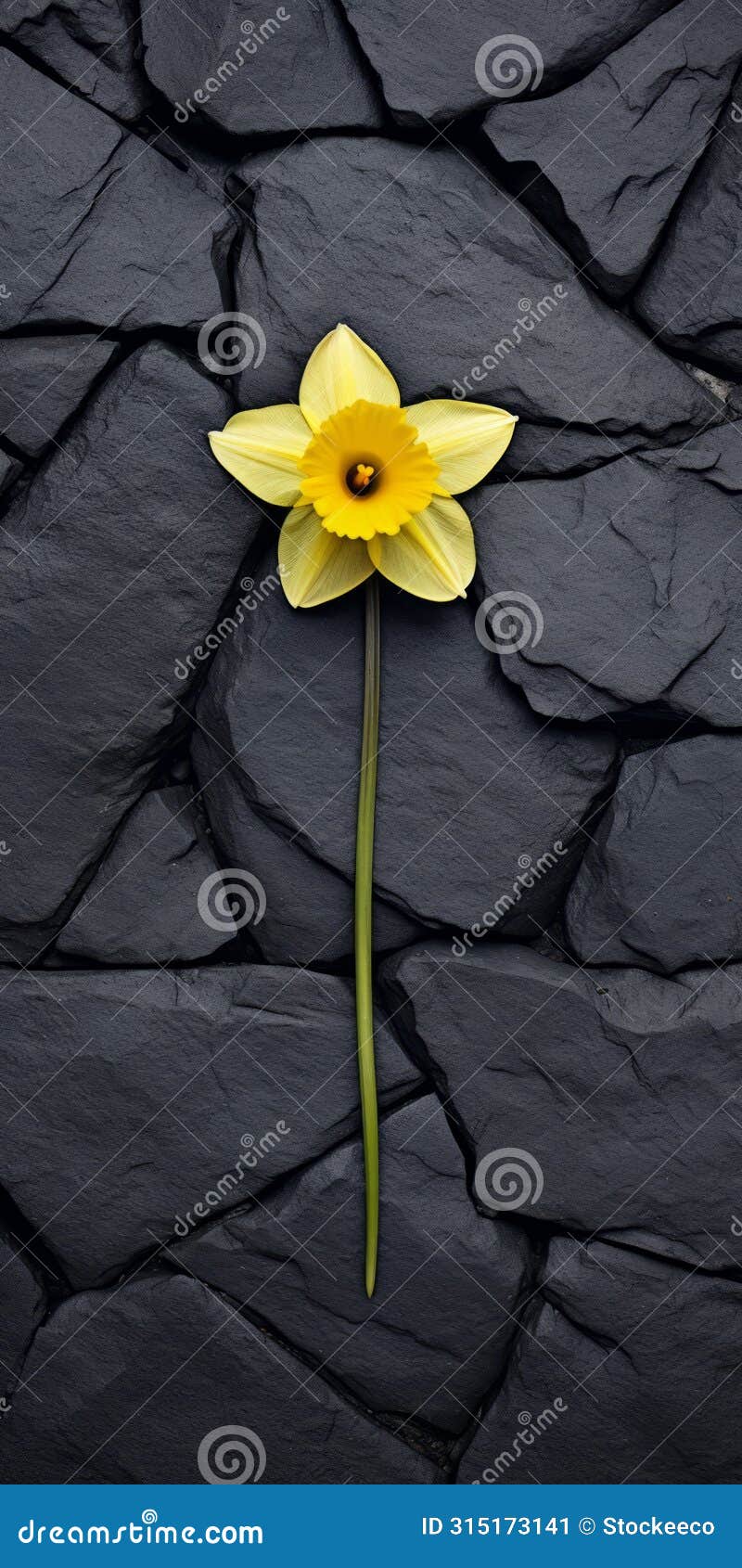 dark surrealism: yellow daffodil on stone wall - stereotype photography