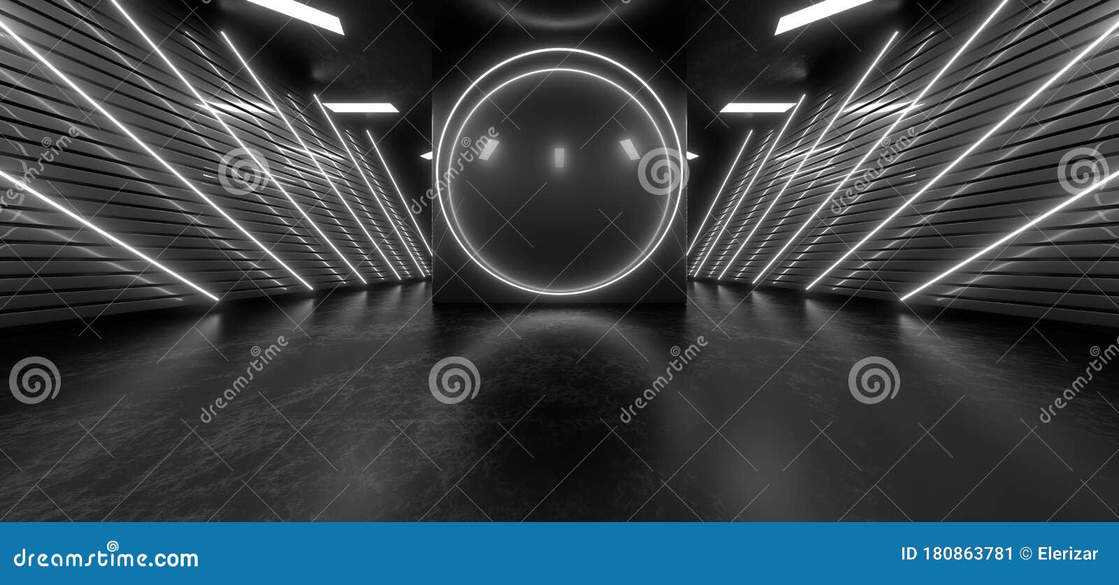 Dark Tunnel with Bright White Neon Lights on a Black Background. 3d ...