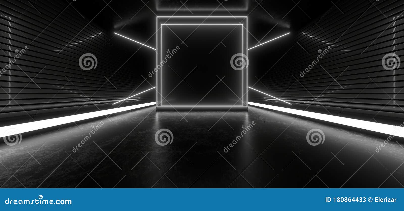 Dark Tunnel with Bright White Neon Lights on a Black Background. 3d ...