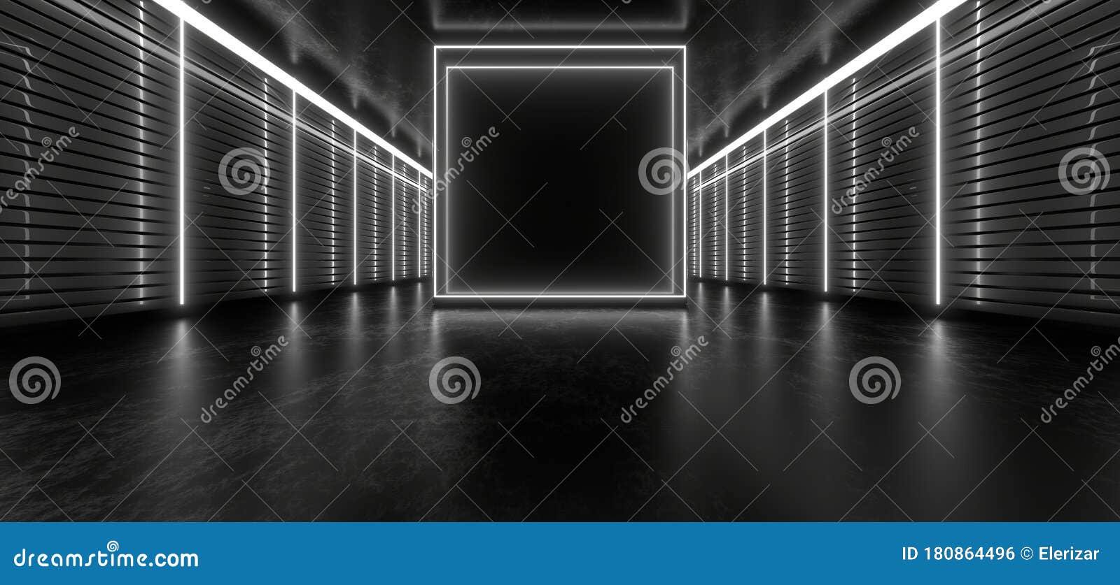 Dark Tunnel with Bright White Neon Lights on a Black Background. 3d ...