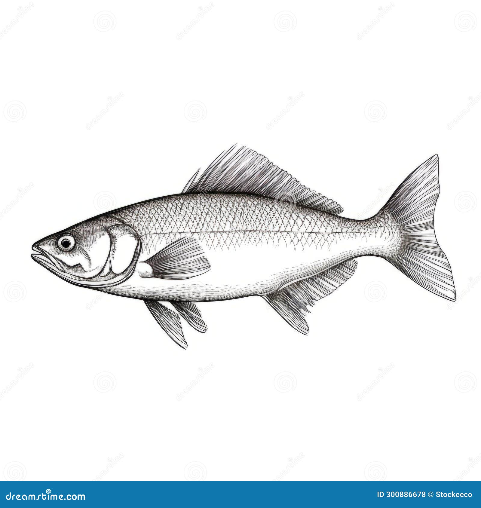 dark white and silver fish drawing on white background