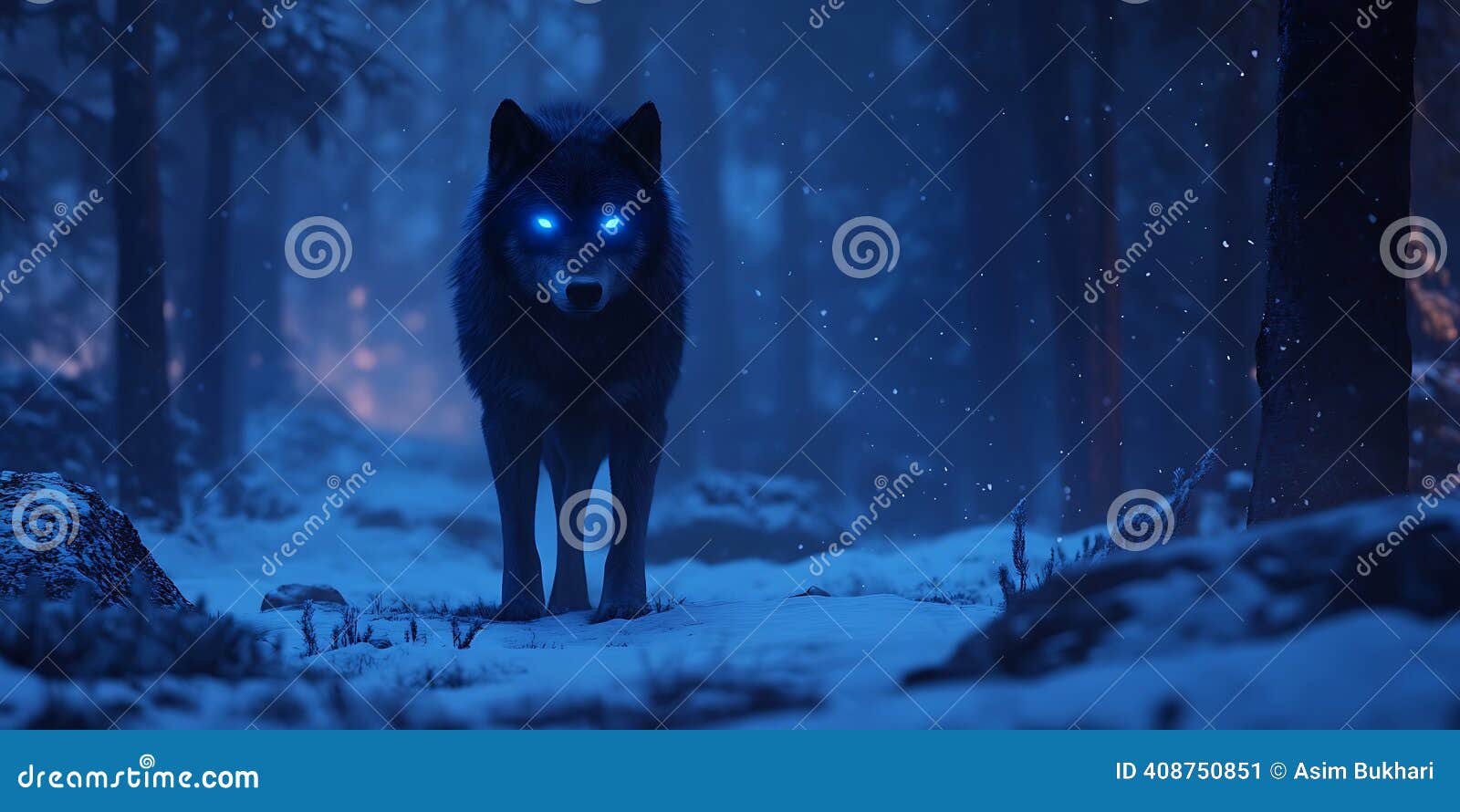 Dark Wolf with Glowing Blue Eyes in Snowy Winter Forest Stock Illustration  - Illustration of mythology, fantasy: 408750851, image size:1600x890