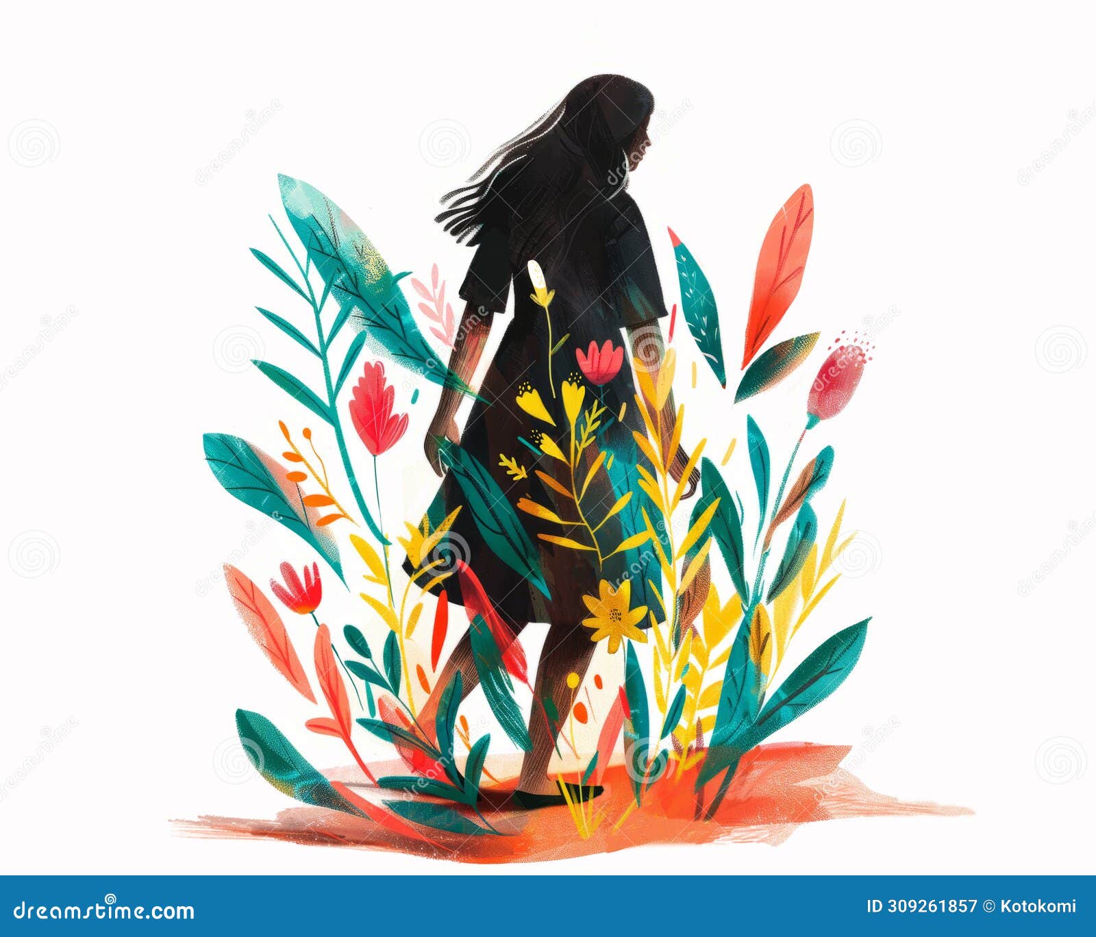 dark woman silhouette lost in flowers and plants. concept  of midlife crisis, distress, self exploring path.