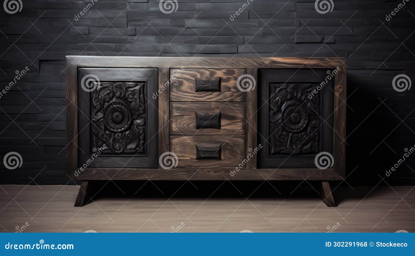 modern wood and iron dresser with detailed engravings and chinese iconography