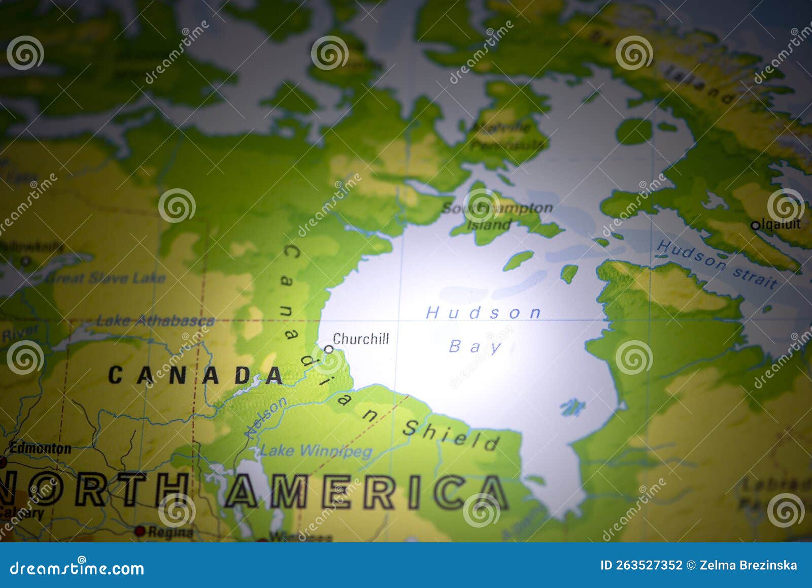 Hudson Bay In Focus On A Tilted World Map. Royalty-Free Stock Image