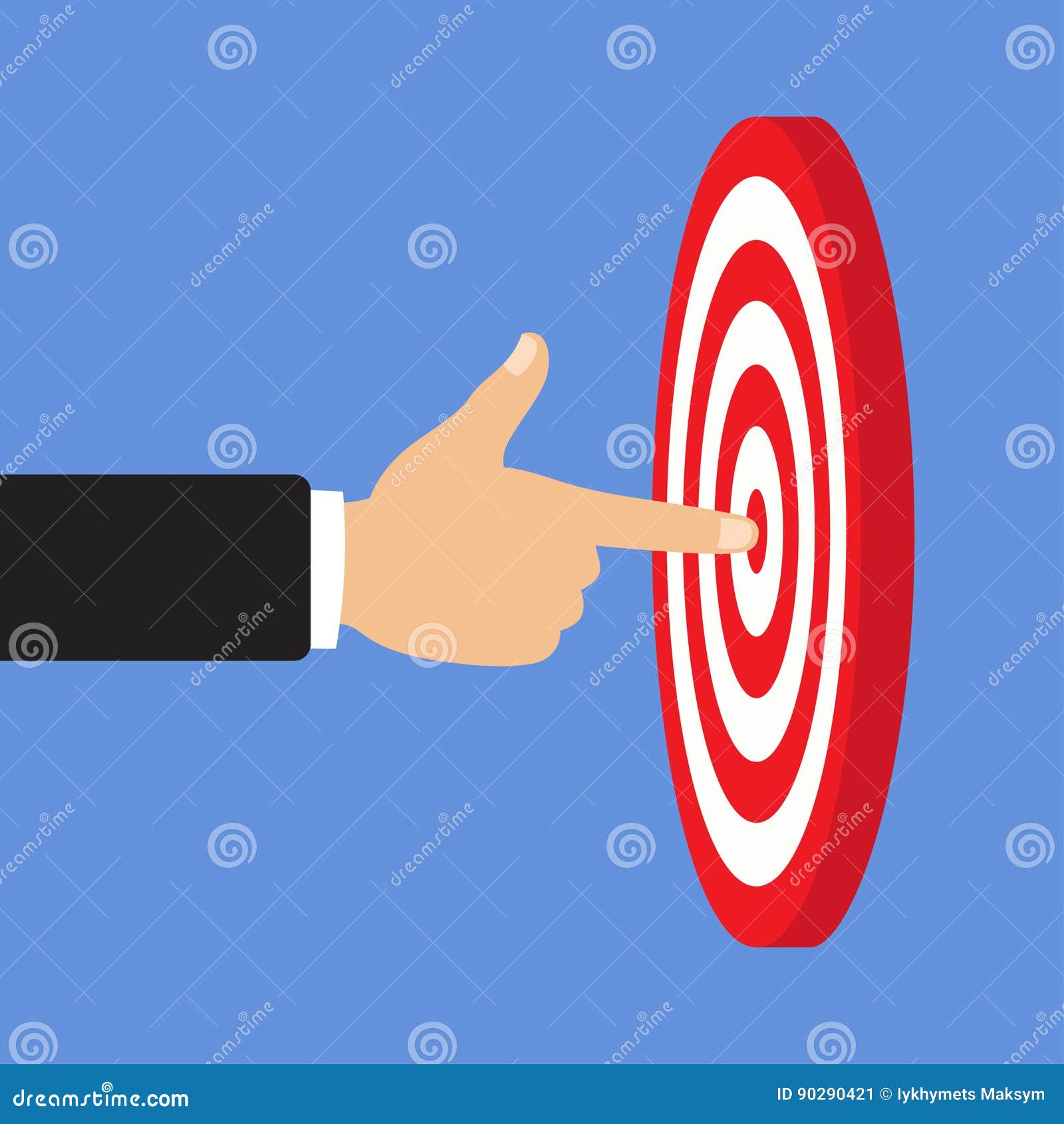 A dart is in the center of a dartboard. Target concept. mission complete, business concept. business concept hand put finger in the center of dartboard