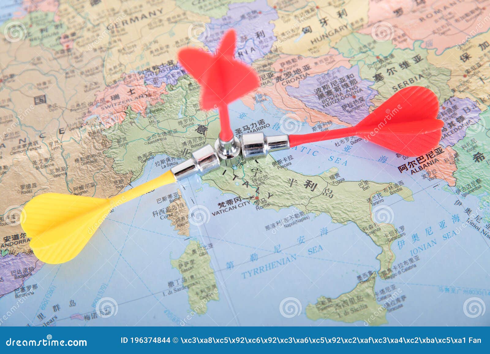 Darts on the map of Italy stock photo. Image of geography 196374844