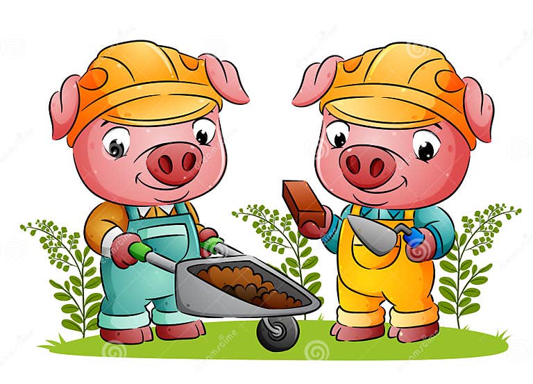 Das Ehepaar Bauschweine Halten Die Ziegel Und Schubkarre Im Garten