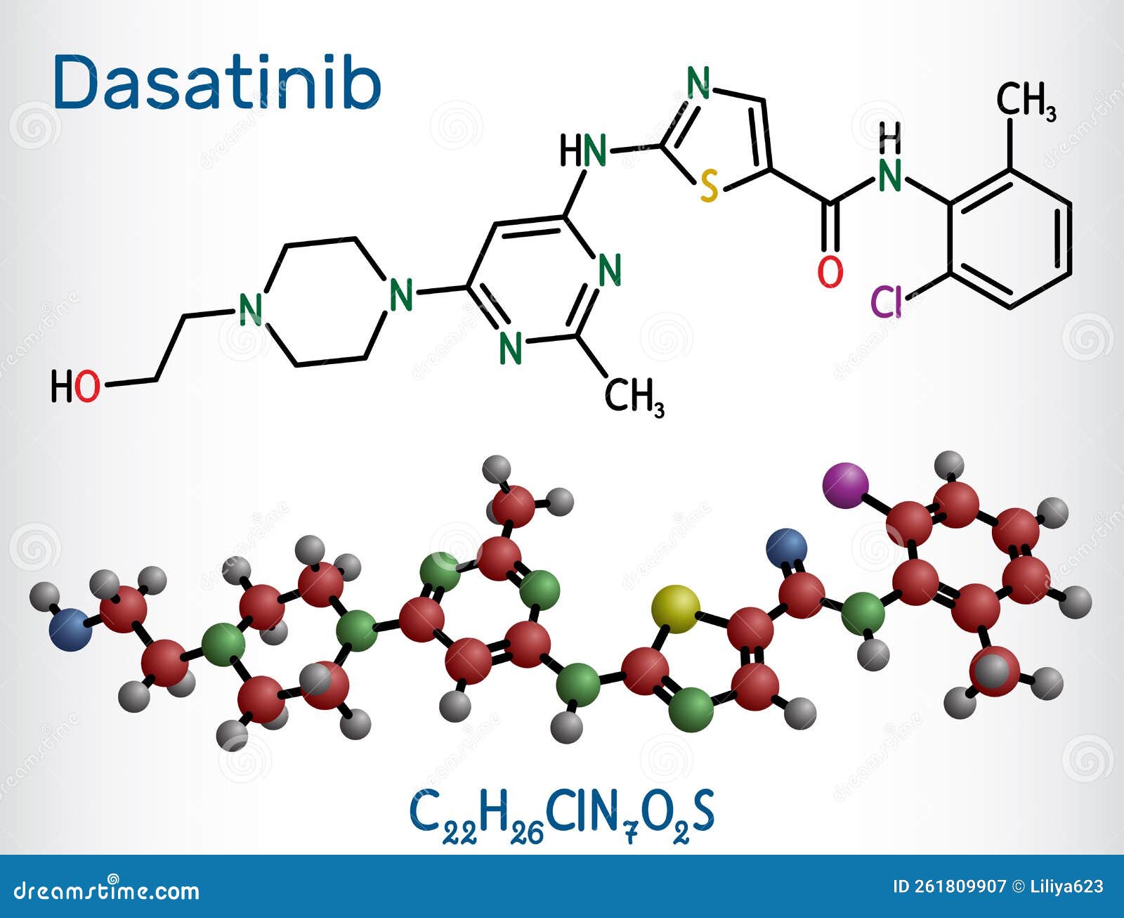 dasatinib molecule. it is used to treat of myelogenous leukemia, cml, and acute lymphoblastic leukemia, all. structural chemical