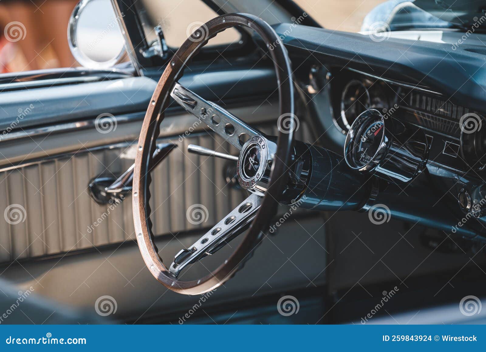 Dashboard and Steering Wheel of a Classic American Muscle Car Editorial