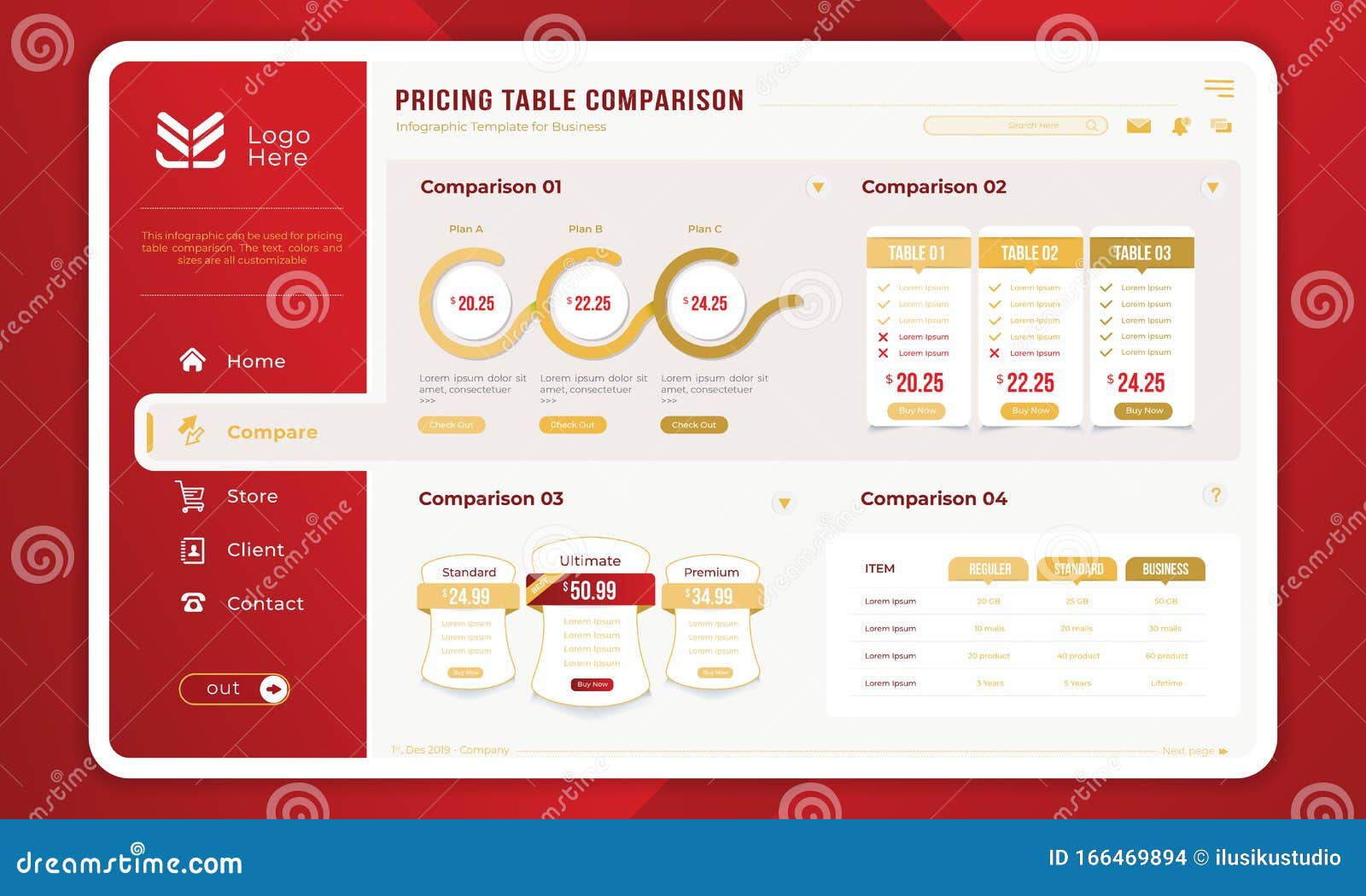 Pricing table comparison on dashboard template vector illustration