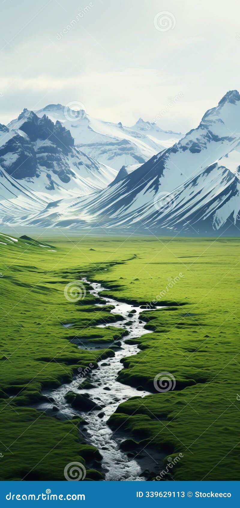 nordic-inspired oasis landscape with snow-capped mountains and green sand dunes