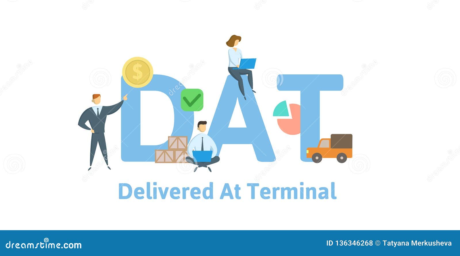 dat, delivered at terminal. concept with keywords, letters and icons. flat  .  on white